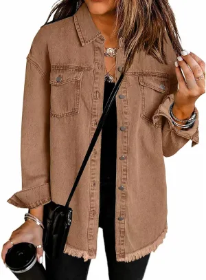 Women's Oversized Denim Jacket Frayed Hem Long Sleeve Jacket Casual Boyfriend Shacket Jacket Trendy Lapel Top