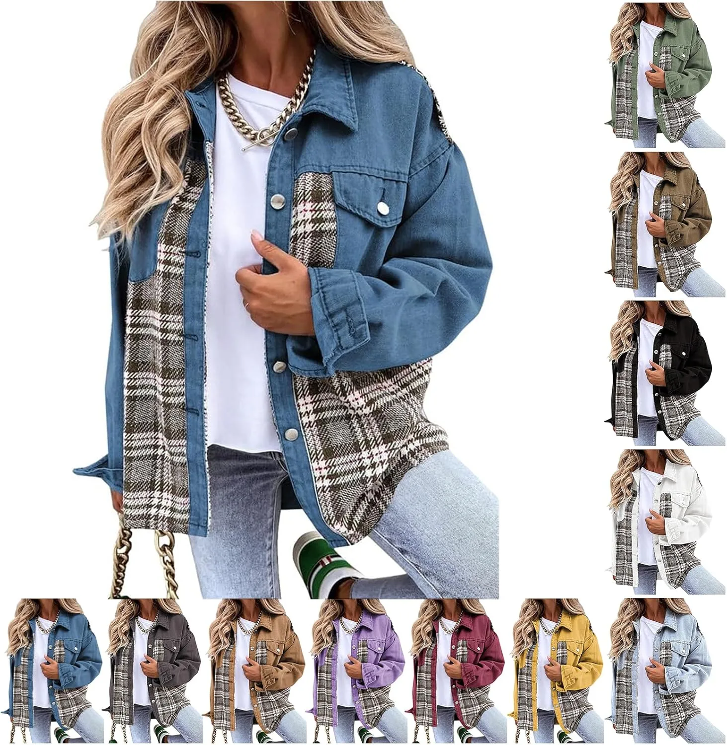 Women's Oversized Denim Jacket Long Sleeve Button Down Plaid Shacket Casual Boyfriend Jean Jacket Fall Clothes 2024