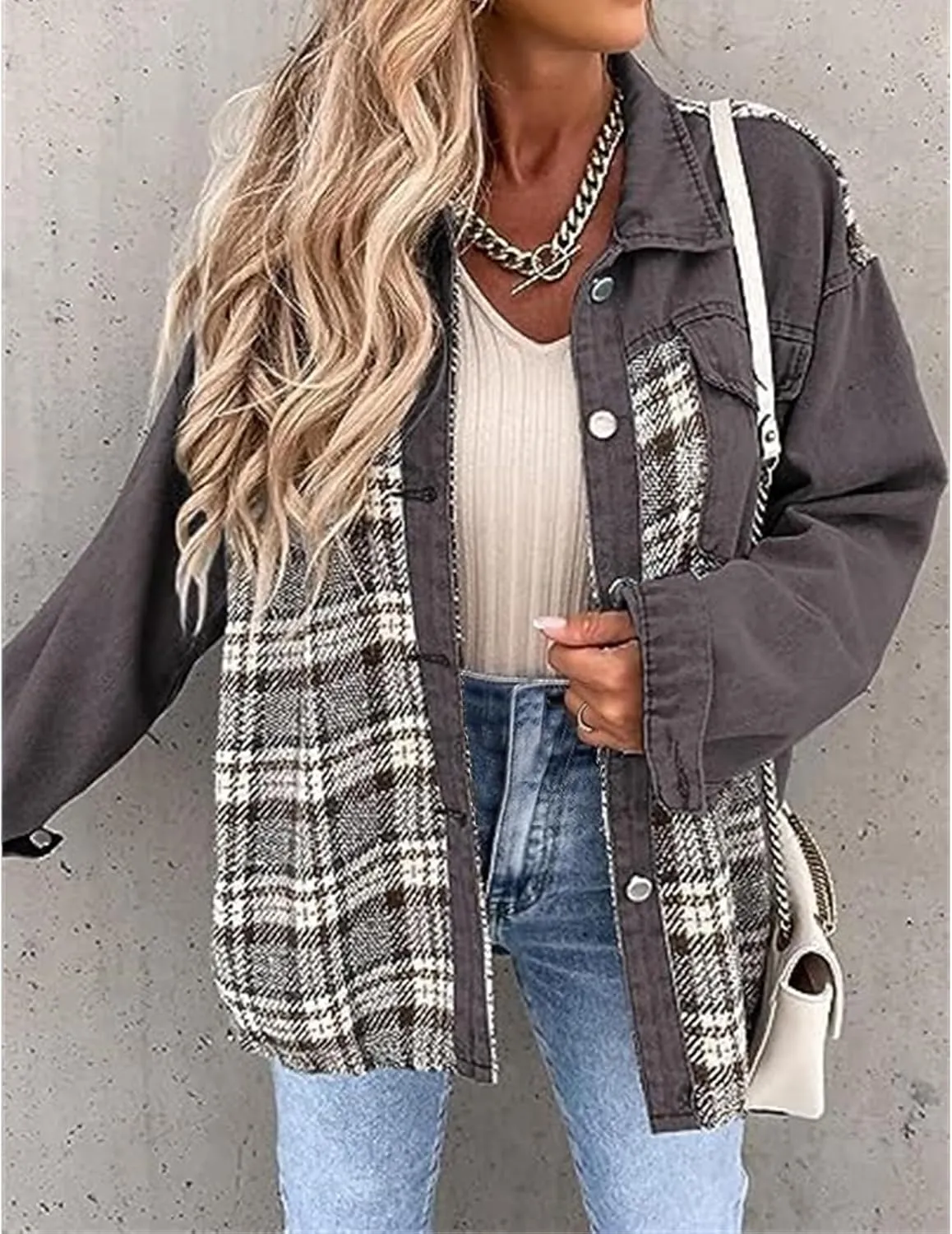 Women's Oversized Denim Jacket Long Sleeve Button Down Plaid Shacket Casual Boyfriend Jean Jacket Fall Clothes 2024