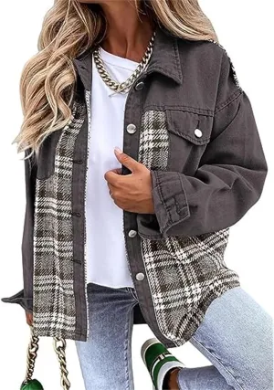 Women's Oversized Denim Jacket Long Sleeve Button Down Plaid Shacket Casual Boyfriend Jean Jacket Fall Clothes 2024
