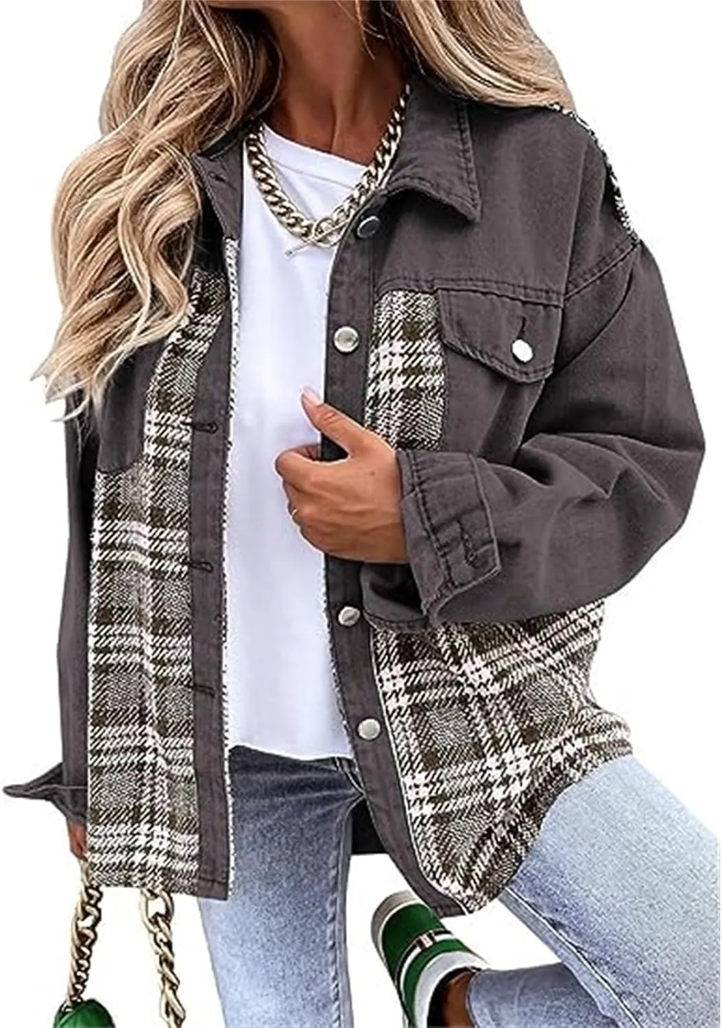 Women's Oversized Denim Jacket Long Sleeve Button Down Plaid Shacket Casual Boyfriend Jean Jacket Fall Clothes 2024