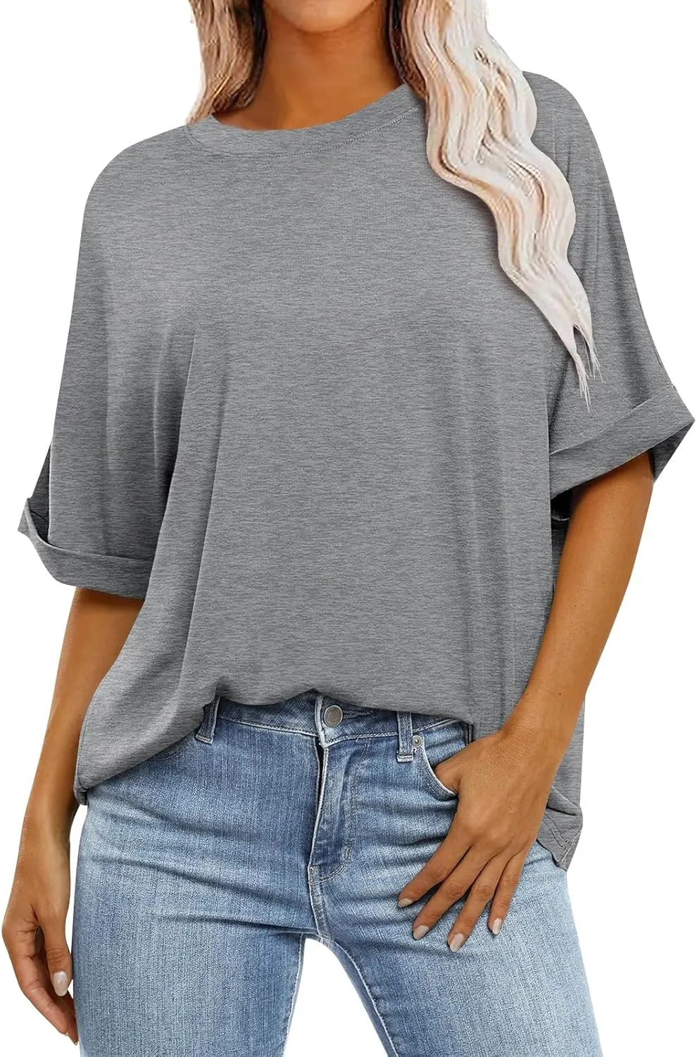 Women's Oversized T Shirts Short Sleeve Crewneck Solid Color Summer Tops Casual Loose Basic Tee Shirts Trendy Clothes