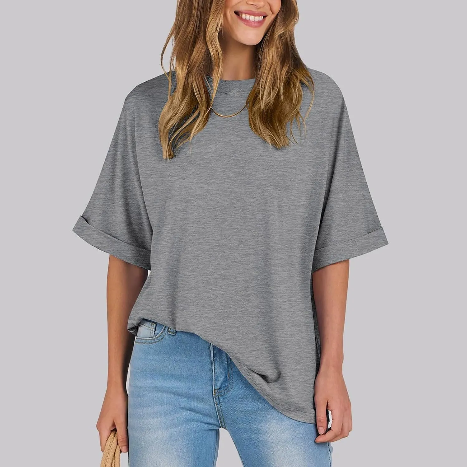 Women's Oversized T Shirts Short Sleeve Crewneck Solid Color Summer Tops Casual Loose Basic Tee Shirts Trendy Clothes