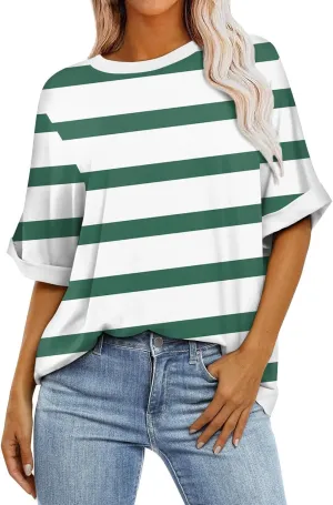 Women's Oversized T Shirts Short Sleeve Crewneck Summer Tops Casual Striped Color Block Tee Shirt 2024 Trendy Clothes