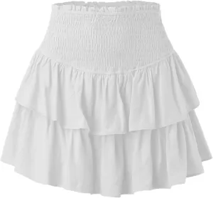 Womens Pleated Mini Skirt Casual A-line Ruffle Tiered Skirt Flowy Swing Basic Versatile Stretchy Casual Beach Short Skirt