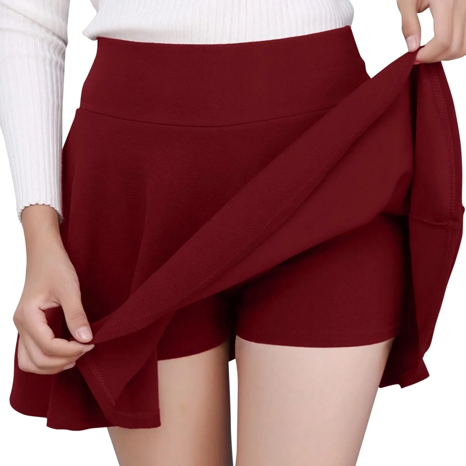Women's Pleated Mini Skirt Casual Elastic High Waist Fashion Skorts Flowy Basic Stretchy A-line Skirt Built in Shorts