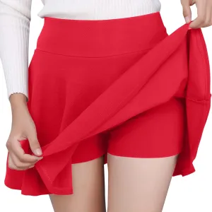 Women's Pleated Mini Skirt Casual Elastic High Waist Fashion Skorts Flowy Basic Stretchy A-line Skirt Built in Shorts