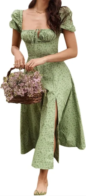 Women's Puff Short Sleeve Floral Dress Casual Flowy Beach Maxi Dresses Smocked Backless Beach Flowy Tiered Sundress