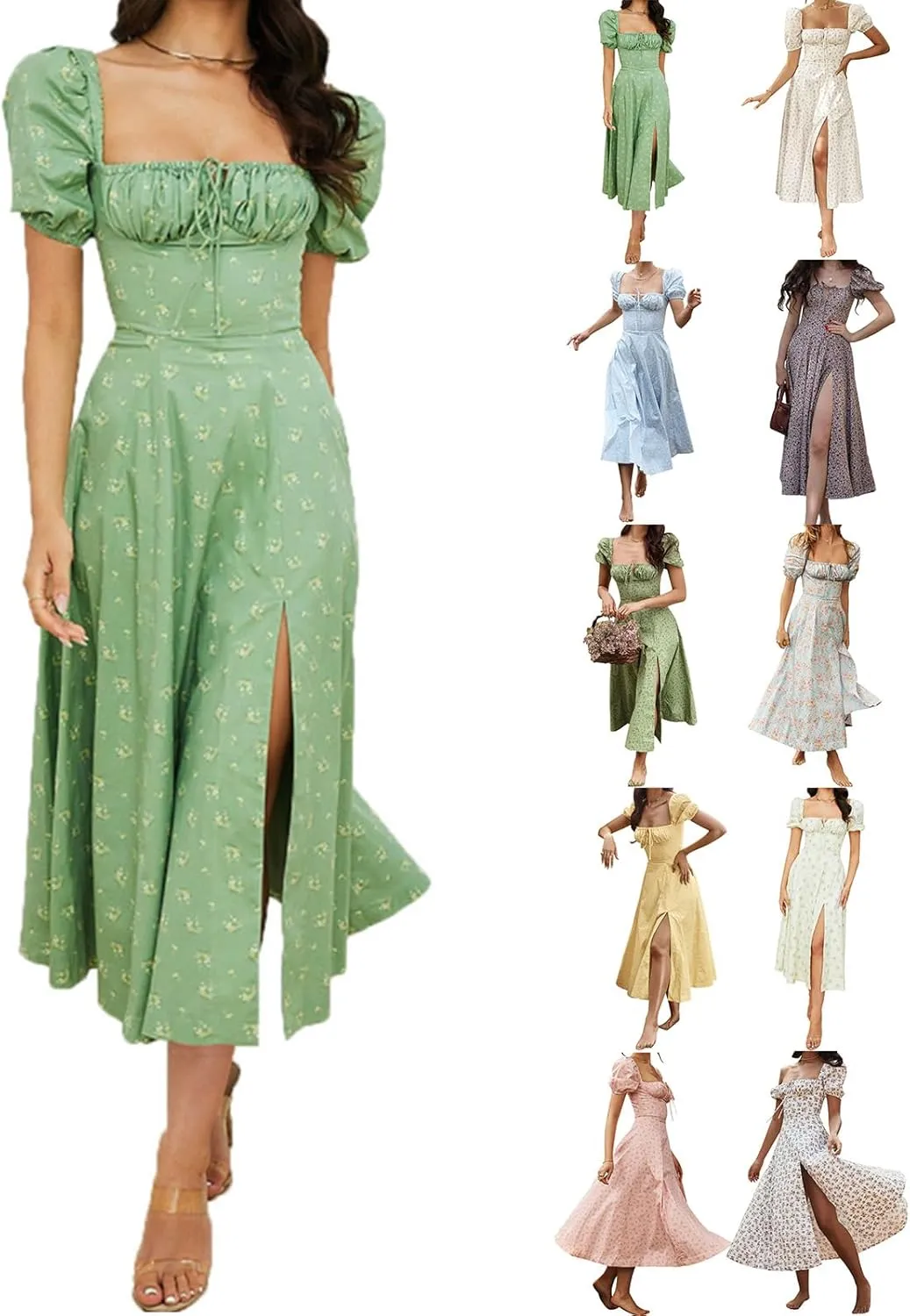 Women's Puff Short Sleeve Floral Dress Casual Flowy Beach Maxi Dresses Smocked Backless Beach Flowy Tiered Sundress
