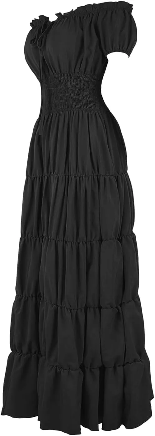 Womens Renaissance Costume Dress Medieval Square Neck Short Puff Sleeve Midi Dress Smocked Flowy Tiered Dresses