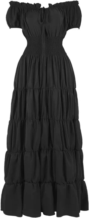 Womens Renaissance Costume Dress Medieval Square Neck Short Puff Sleeve Midi Dress Smocked Flowy Tiered Dresses