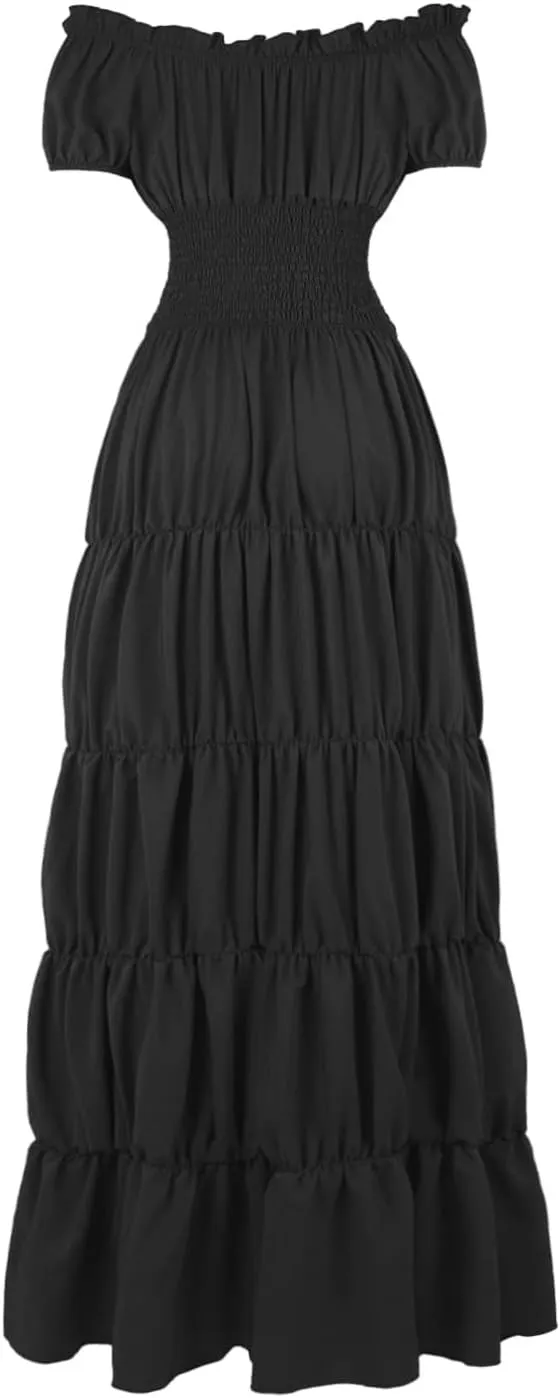 Womens Renaissance Costume Dress Medieval Square Neck Short Puff Sleeve Midi Dress Smocked Flowy Tiered Dresses
