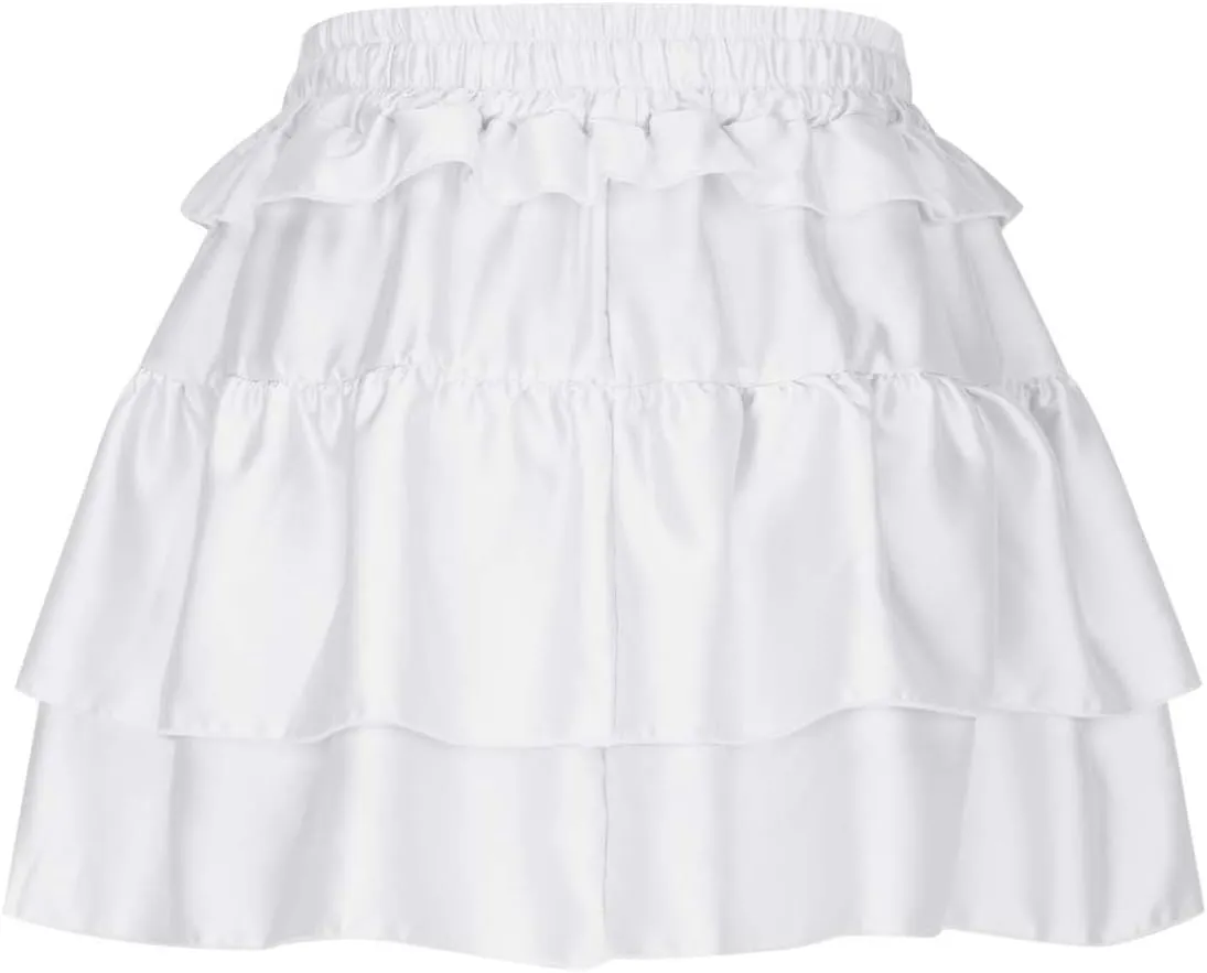 Women's Ruffle Flowy Mini Skirts Stretchy High Waist Lace-Up Solid Color Layered Pleated Casual Beach Short Skirt