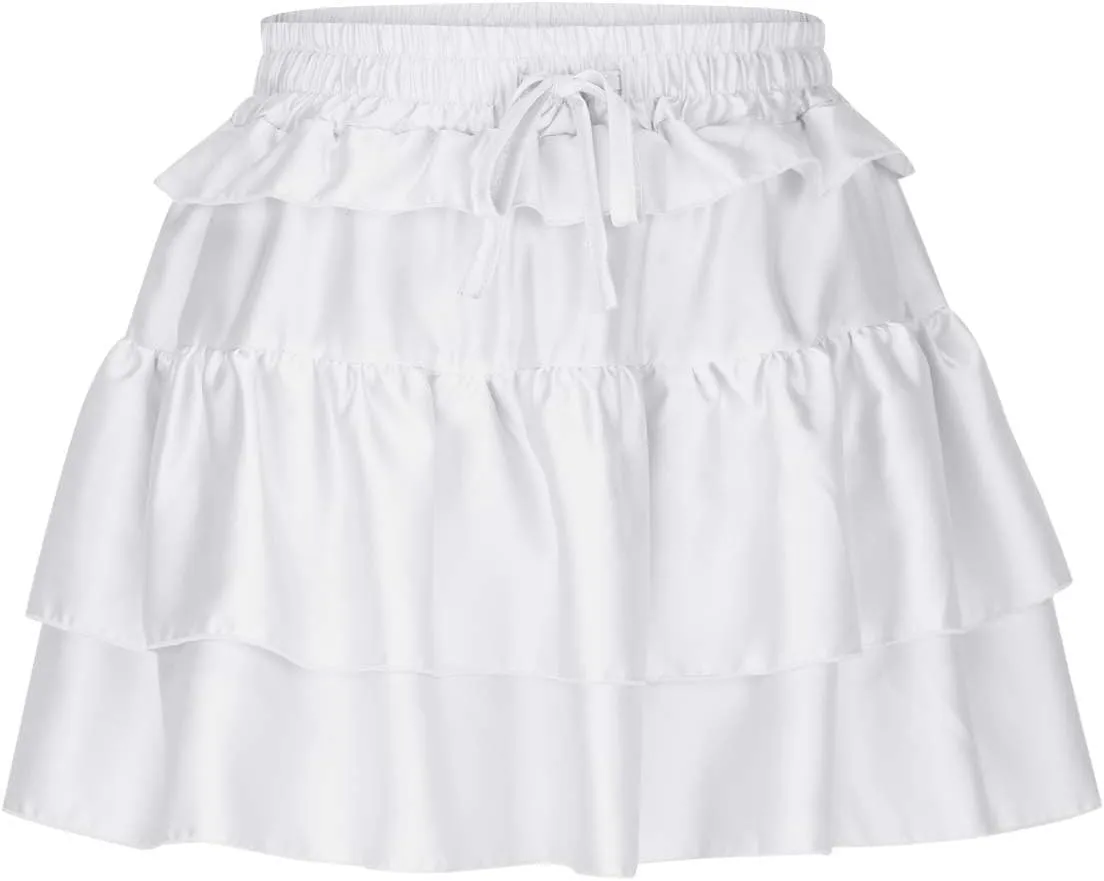 Women's Ruffle Flowy Mini Skirts Stretchy High Waist Lace-Up Solid Color Layered Pleated Casual Beach Short Skirt