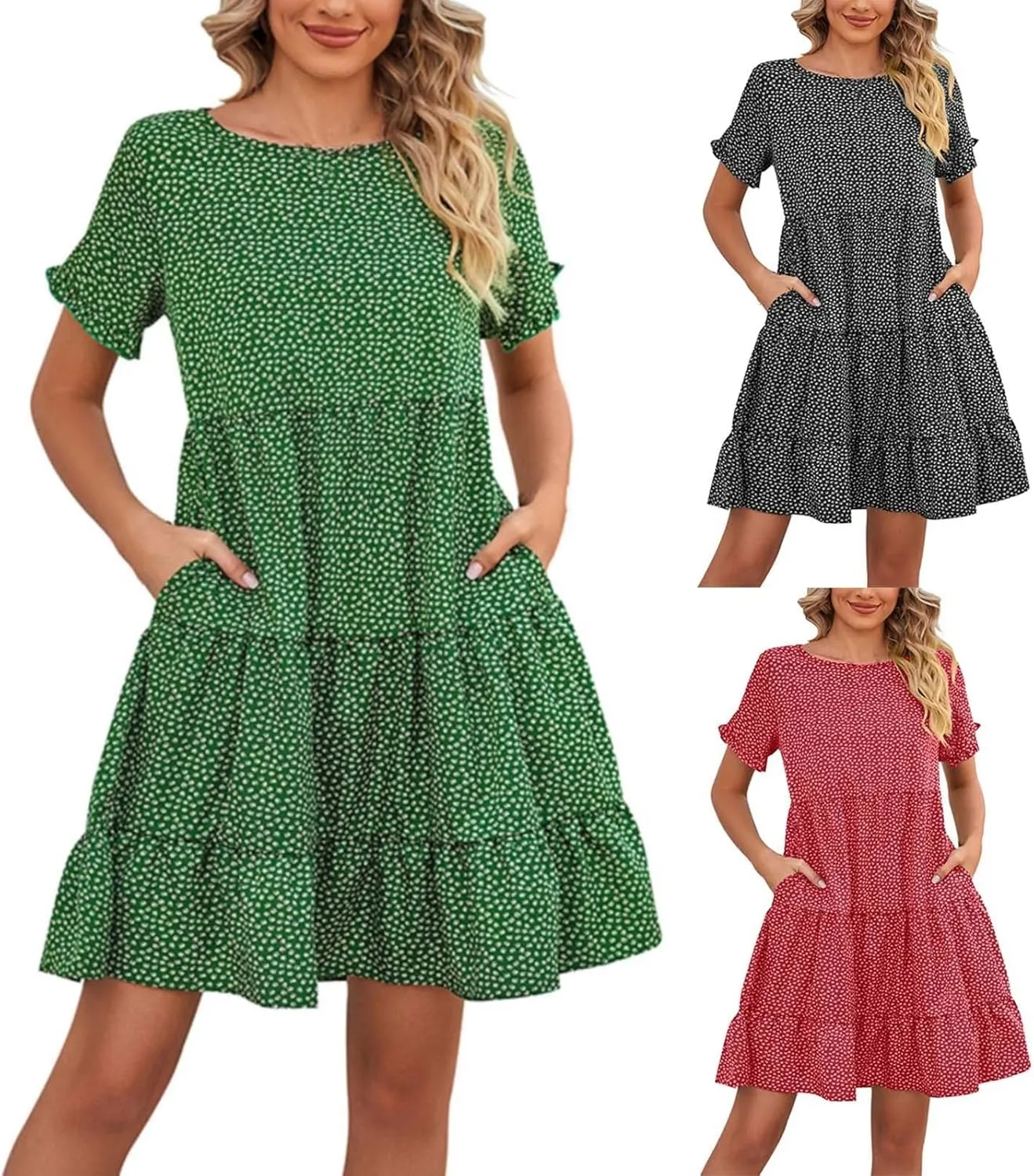 Womens Ruffles Boho Floral Printed Babydoll Loose Swing Casual Short Mini T-Shirt Dress