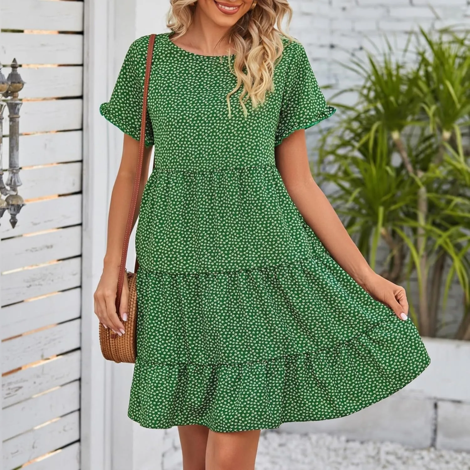Womens Ruffles Boho Floral Printed Babydoll Loose Swing Casual Short Mini T-Shirt Dress