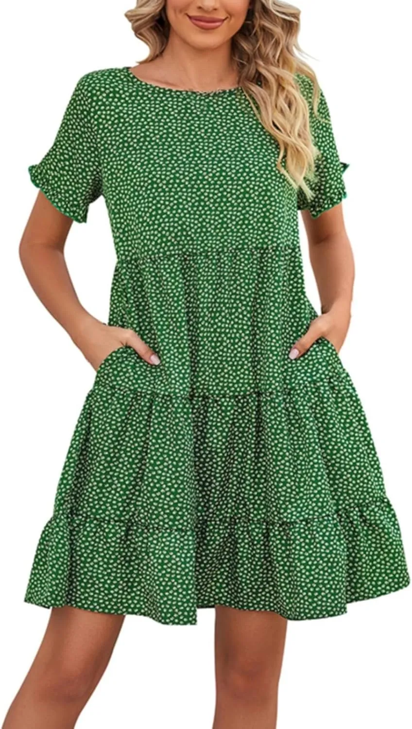 Womens Ruffles Boho Floral Printed Babydoll Loose Swing Casual Short Mini T-Shirt Dress