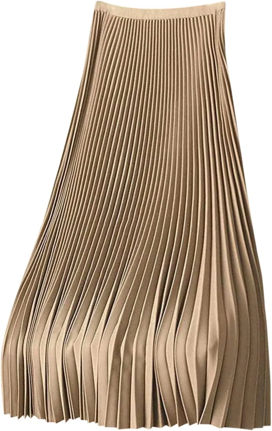 Womens Satin Flowy Swing Skirt Casual Plus Size Silk Pleated Long Skirts Comfy High Waist Pleated Maxi Skirt