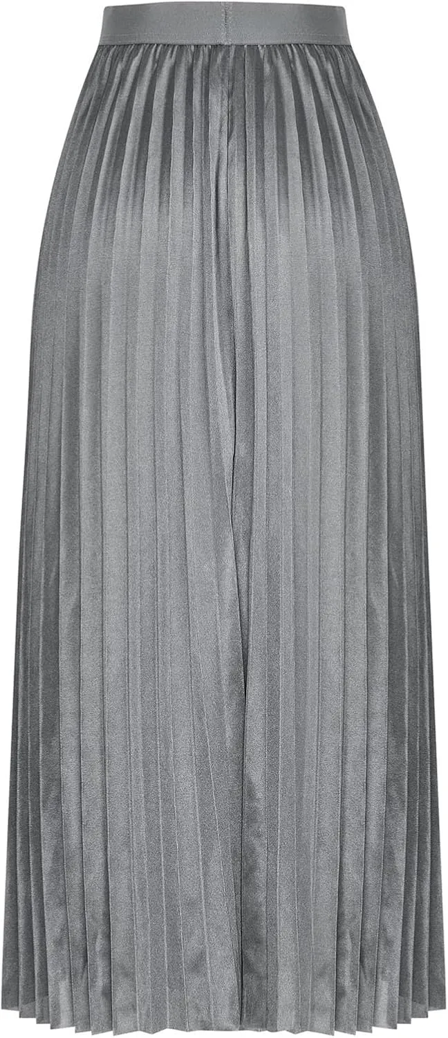 Womens Satin Flowy Swing Skirt Casual Plus Size Silk Pleated Long Skirts Comfy High Waist Pleated Maxi Skirt