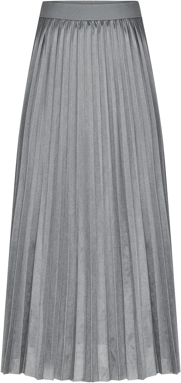 Womens Satin Flowy Swing Skirt Casual Plus Size Silk Pleated Long Skirts Comfy High Waist Pleated Maxi Skirt