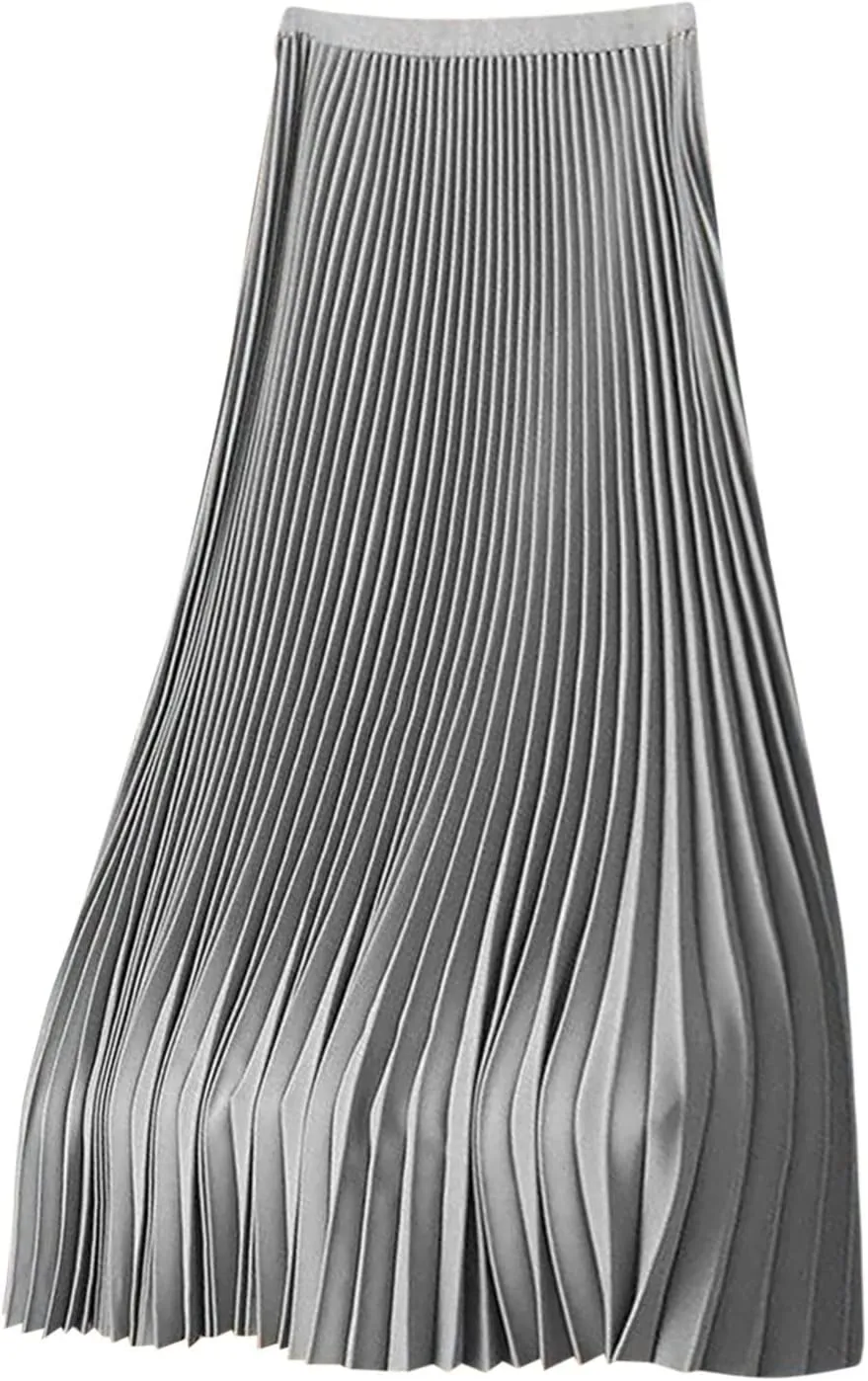 Womens Satin Flowy Swing Skirt Casual Plus Size Silk Pleated Long Skirts Comfy High Waist Pleated Maxi Skirt