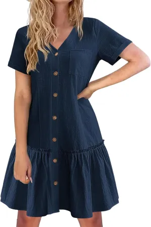 Womens Shirt Dresses Summer V Neck Button Down Short Sleeve Mini Dress Casual Tunic Ruffle Hem Dress with Pockets