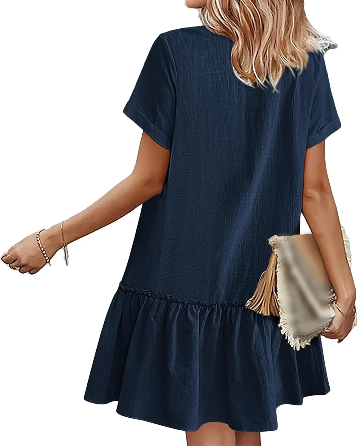 Womens Shirt Dresses Summer V Neck Button Down Short Sleeve Mini Dress Casual Tunic Ruffle Hem Dress with Pockets