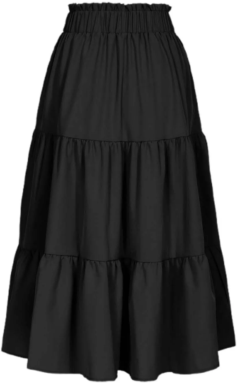 Womens Skirts for Summer Vacation Casual High Elastic Waist Drawstring Ruffles Tummy Control A-Line Loose Midi Skirts
