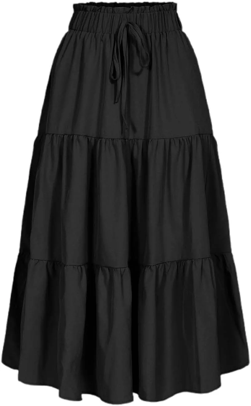 Womens Skirts for Summer Vacation Casual High Elastic Waist Drawstring Ruffles Tummy Control A-Line Loose Midi Skirts
