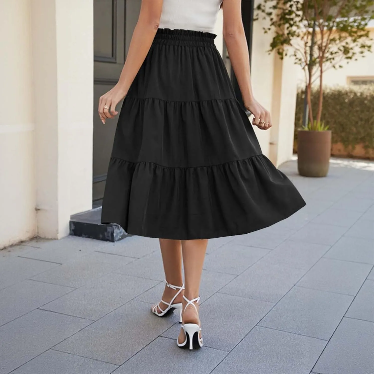 Womens Skirts for Summer Vacation Casual High Elastic Waist Drawstring Ruffles Tummy Control A-Line Loose Midi Skirts