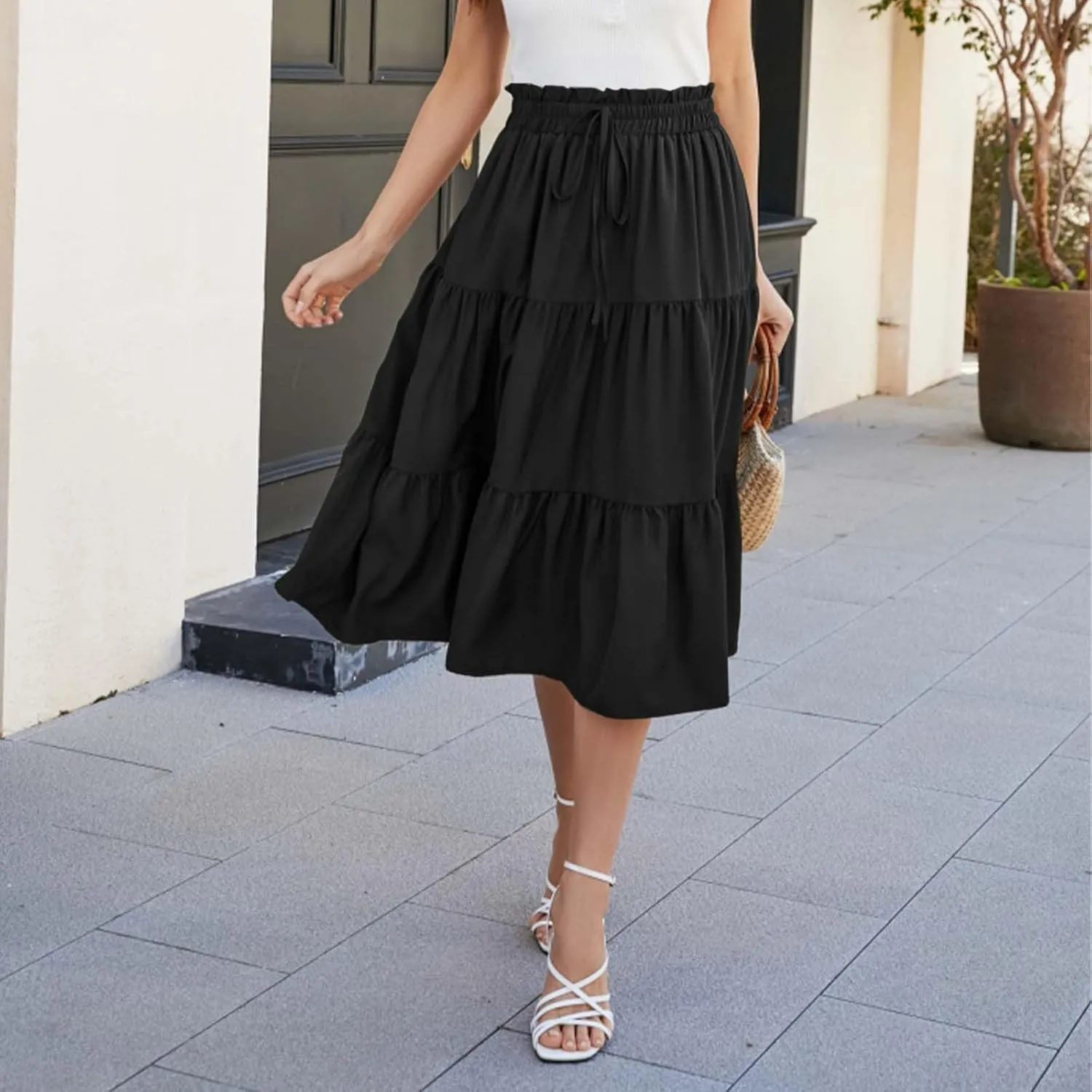 Womens Skirts for Summer Vacation Casual High Elastic Waist Drawstring Ruffles Tummy Control A-Line Loose Midi Skirts