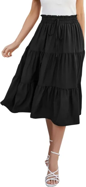 Womens Skirts for Summer Vacation Casual High Elastic Waist Drawstring Ruffles Tummy Control A-Line Loose Midi Skirts