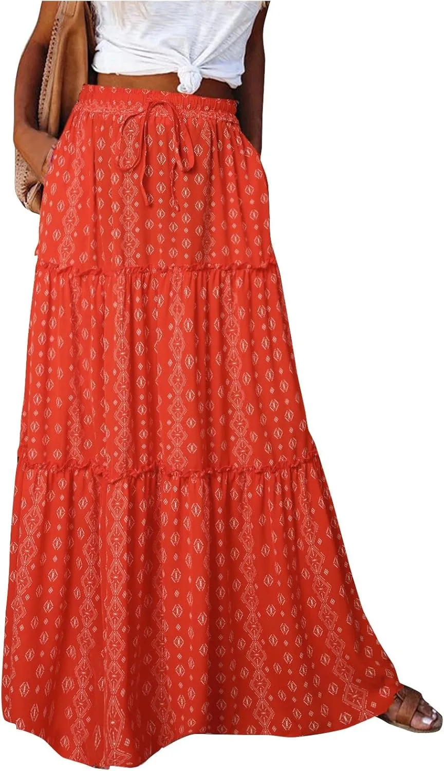 Womens Skirts Summer Flowy Maxi Skirt Drawstring High Waisted Ruffle Tiered A-Line Skirts Y2K Skirt Long with Pockets