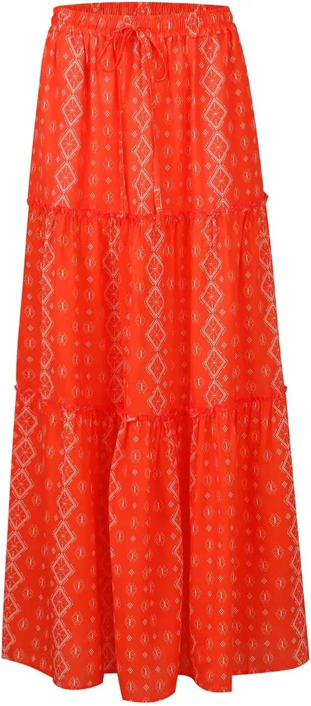 Womens Skirts Summer Flowy Maxi Skirt Drawstring High Waisted Ruffle Tiered A-Line Skirts Y2K Skirt Long with Pockets