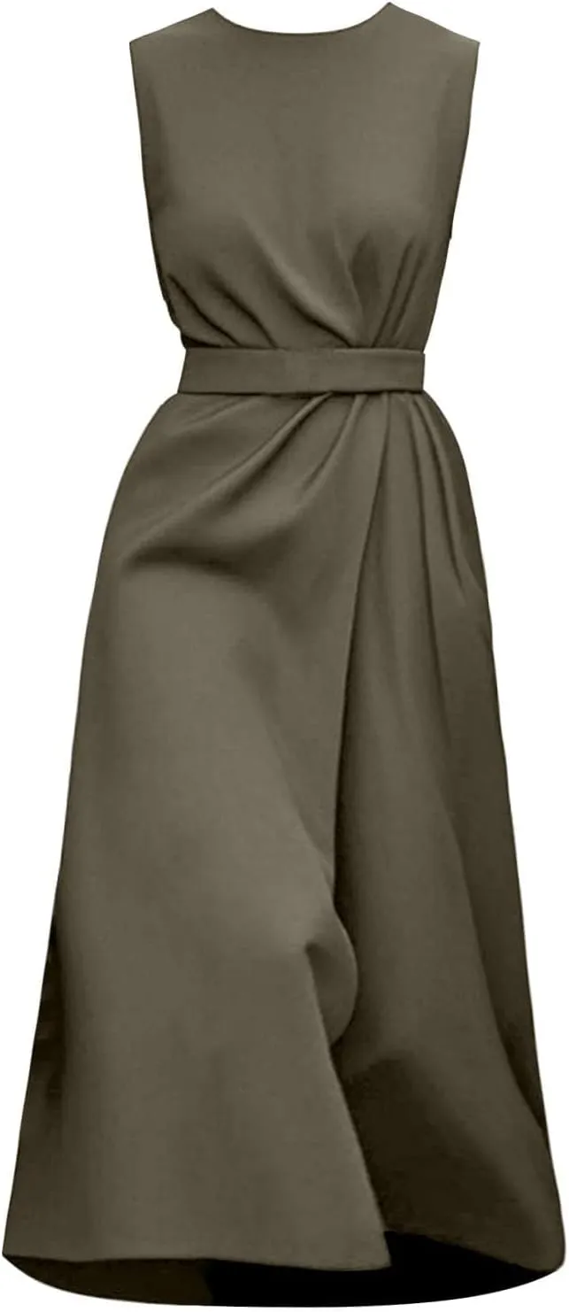 Womens Sleeveless Dress Casual Crewneck Maxi Dresses Elegant Solid Color Tunic A Line Party Long Dresses with Belt