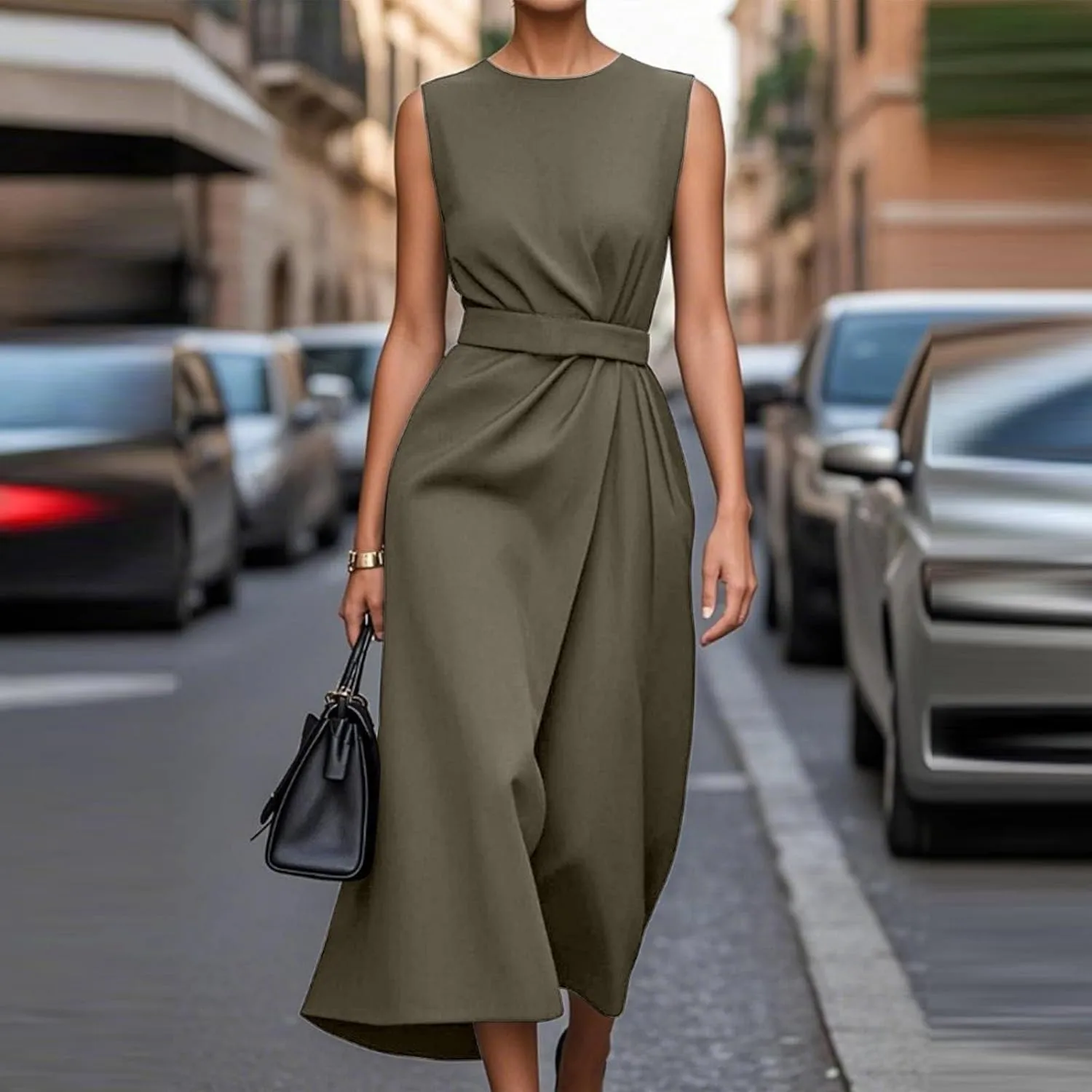 Womens Sleeveless Dress Casual Crewneck Maxi Dresses Elegant Solid Color Tunic A Line Party Long Dresses with Belt