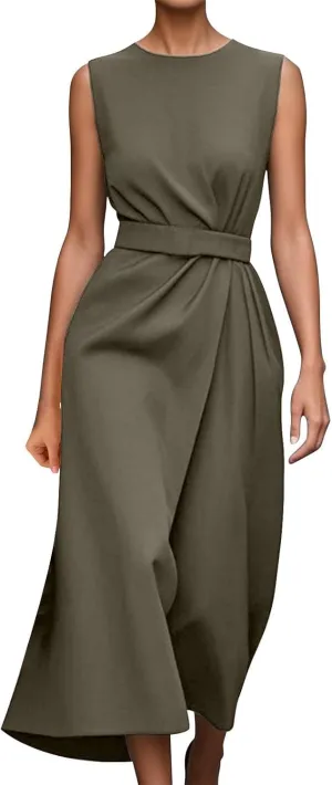 Womens Sleeveless Dress Casual Crewneck Maxi Dresses Elegant Solid Color Tunic A Line Party Long Dresses with Belt