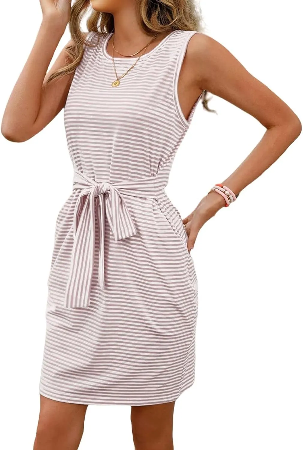 Womens Sleeveless Summer Dresses Crewneck Striped Waist Tie Mini Dress Casual Fashion Dressy Dresses 2025