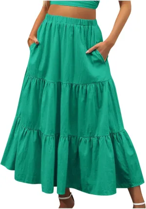 Women's Solid Ruched Maxi Skirt Comfy Elastic High Waist Lounge Skirts Fashion Flowy Swing Skirt with 2 Pokets