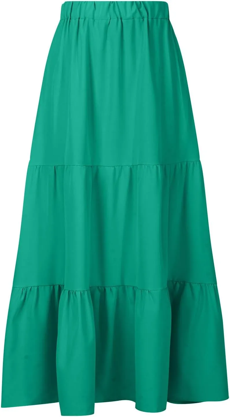 Women's Solid Ruched Maxi Skirt Comfy Elastic High Waist Lounge Skirts Fashion Flowy Swing Skirt with 2 Pokets