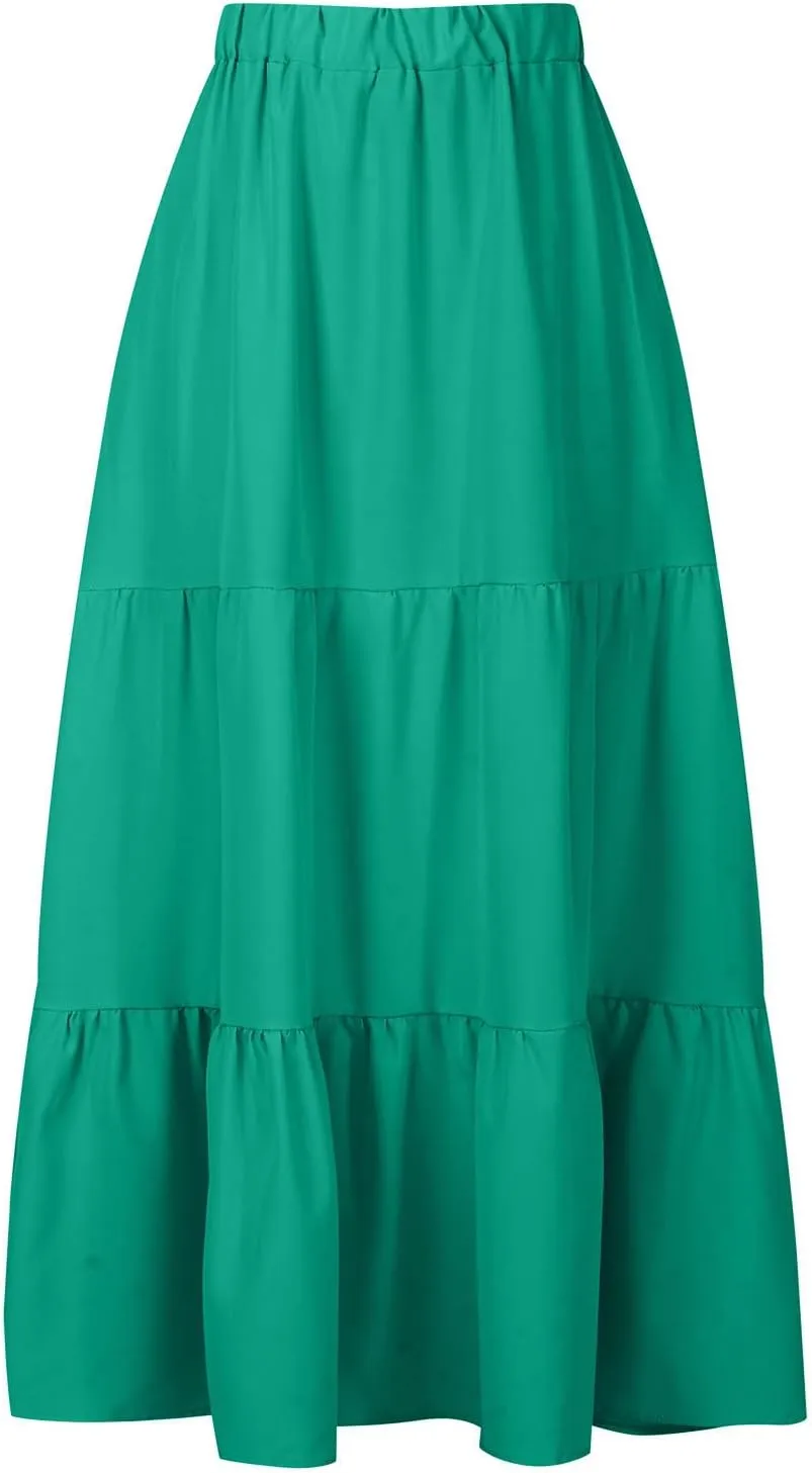 Women's Solid Ruched Maxi Skirt Comfy Elastic High Waist Lounge Skirts Fashion Flowy Swing Skirt with 2 Pokets