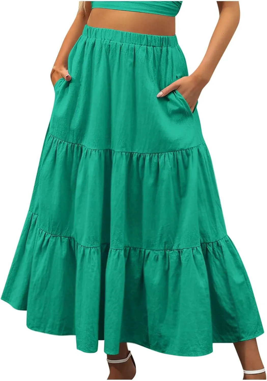 Women's Solid Ruched Maxi Skirt Comfy Elastic High Waist Lounge Skirts Fashion Flowy Swing Skirt with 2 Pokets