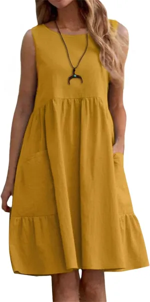 Womens Summer Casual Dresses Crewneck Sleeveless Maxi Dress Ruffle Hem Tank Dresses Tiered Swing A Line Beach Dress