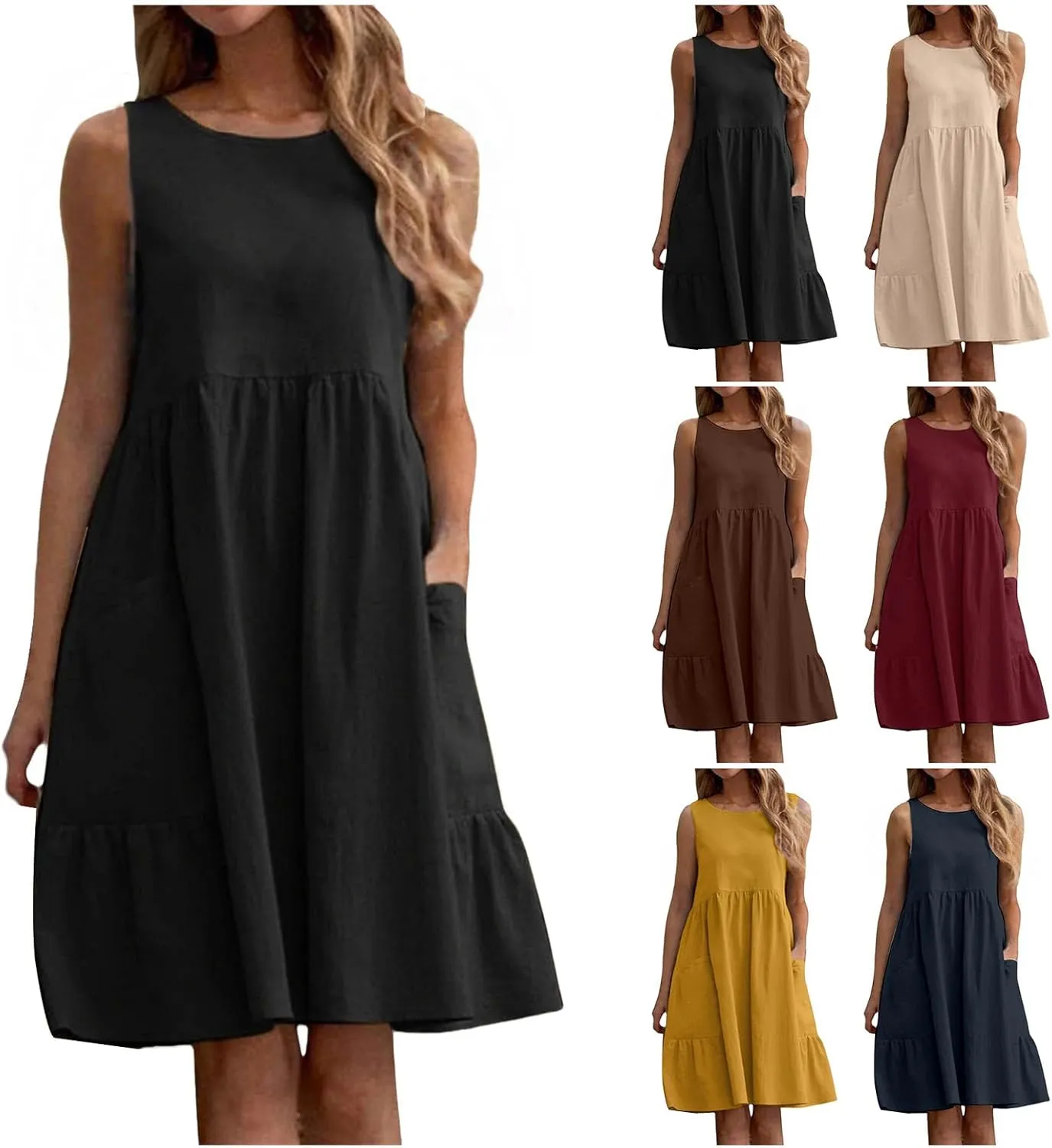 Womens Summer Casual Dresses Crewneck Sleeveless Maxi Dress Ruffle Hem Tank Dresses Tiered Swing A Line Beach Dress
