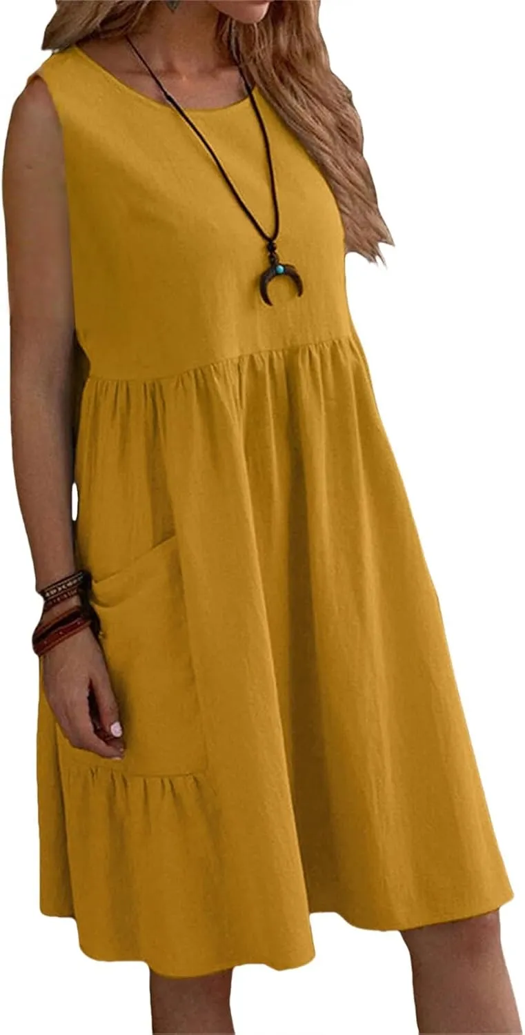 Womens Summer Casual Dresses Crewneck Sleeveless Maxi Dress Ruffle Hem Tank Dresses Tiered Swing A Line Beach Dress