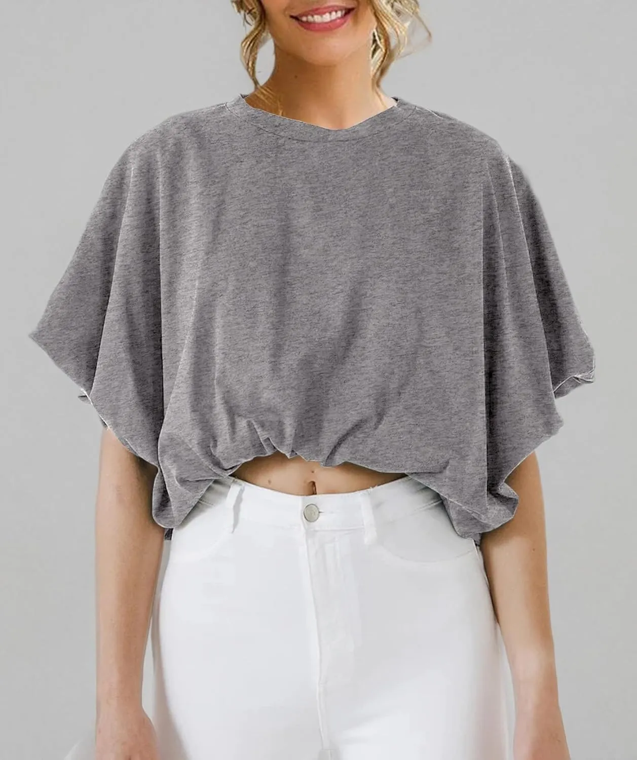 Womens Summer Crewneck Crop Tops Short Sleeve Casual Loose Cropped T Shirts