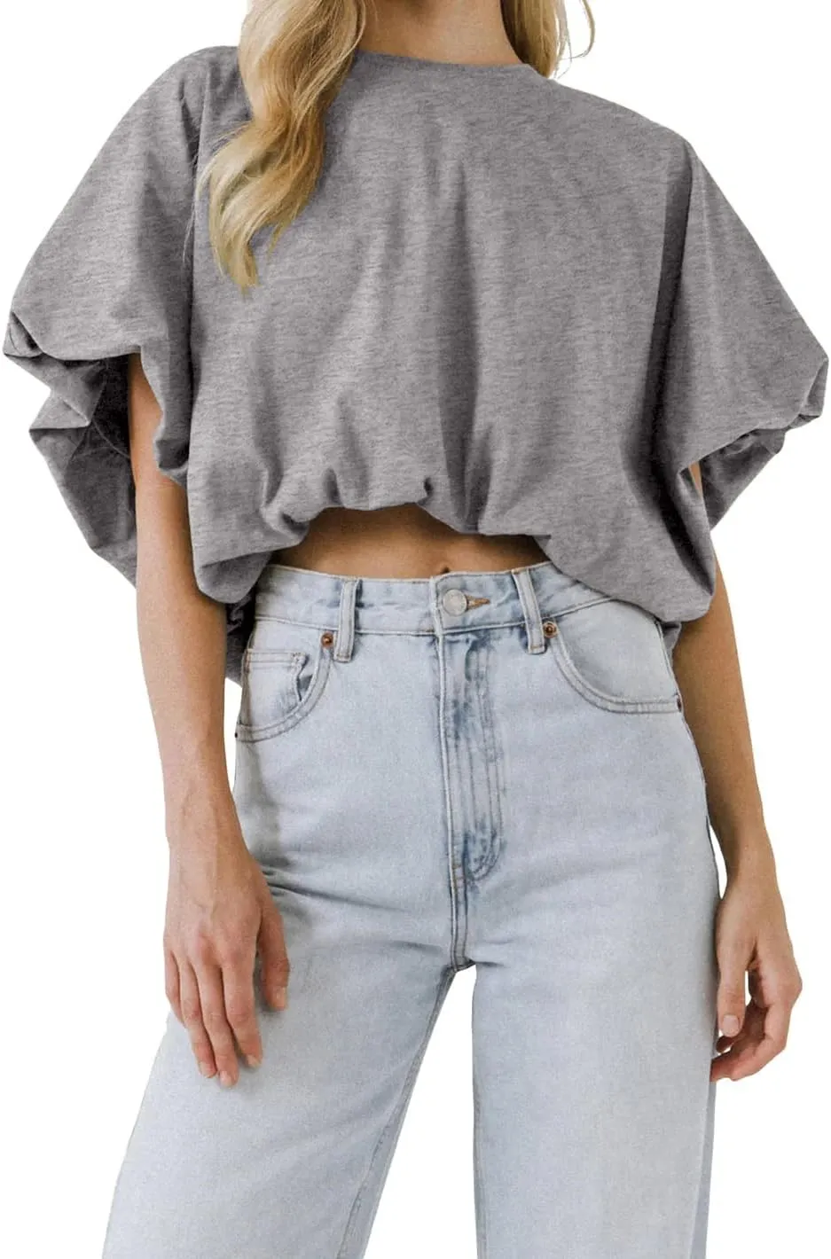 Womens Summer Crewneck Crop Tops Short Sleeve Casual Loose Cropped T Shirts