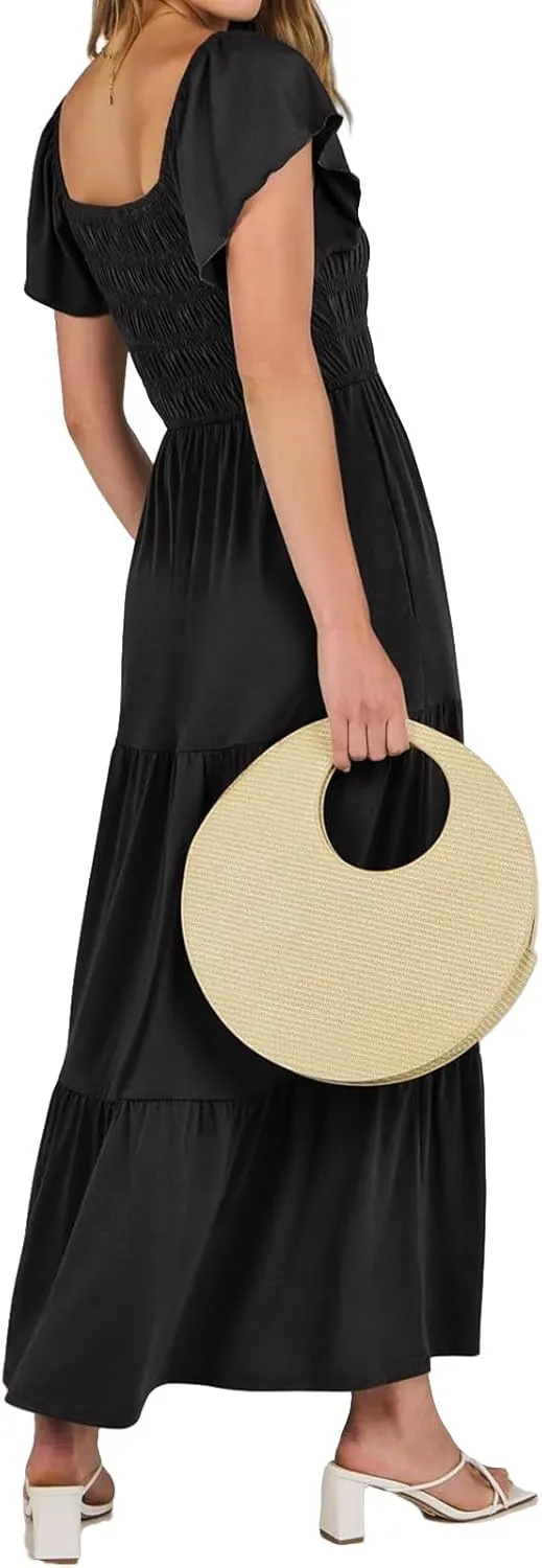 Womens Summer Dress Ruffle Sleeve Square Neck Maxi Solid Color Flowy Swing Hem Dress Elegant Dressy Dresses 2025