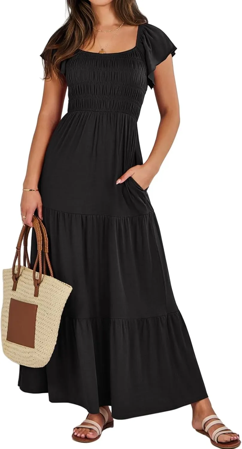 Womens Summer Dress Ruffle Sleeve Square Neck Maxi Solid Color Flowy Swing Hem Dress Elegant Dressy Dresses 2025