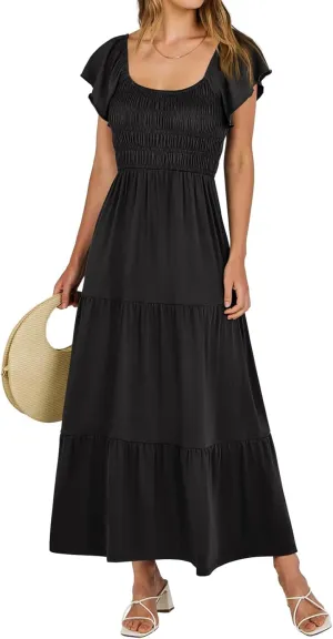 Womens Summer Dress Ruffle Sleeve Square Neck Maxi Solid Color Flowy Swing Hem Dress Elegant Dressy Dresses 2025